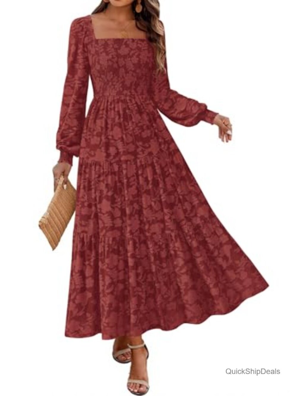 Long Sleeve Smocked Floral Maxi Dress Wedding Guest Formal